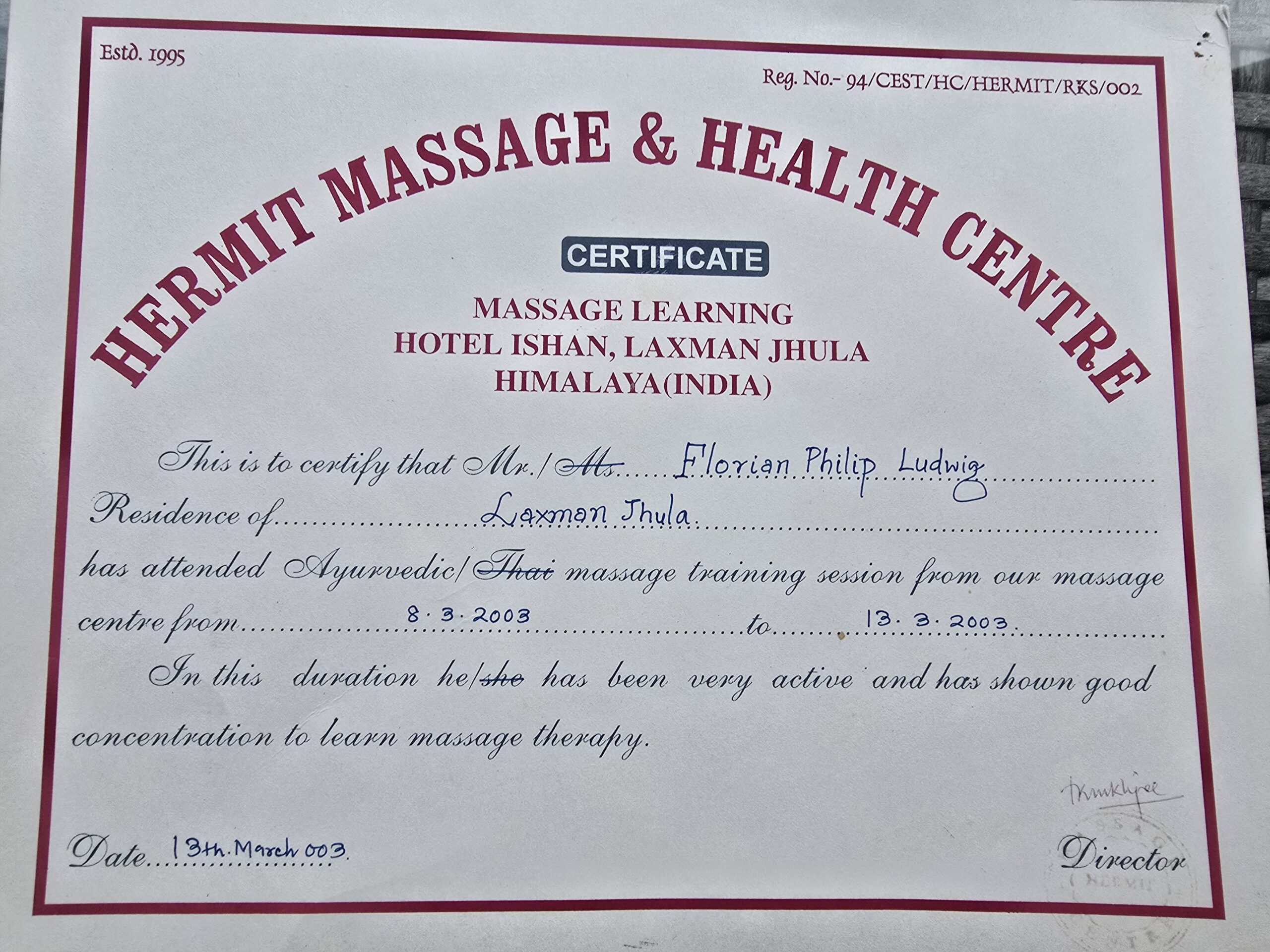 Ayurveda- und Thai-Massage-Zertifikat von Florian Ludwig aus Indien