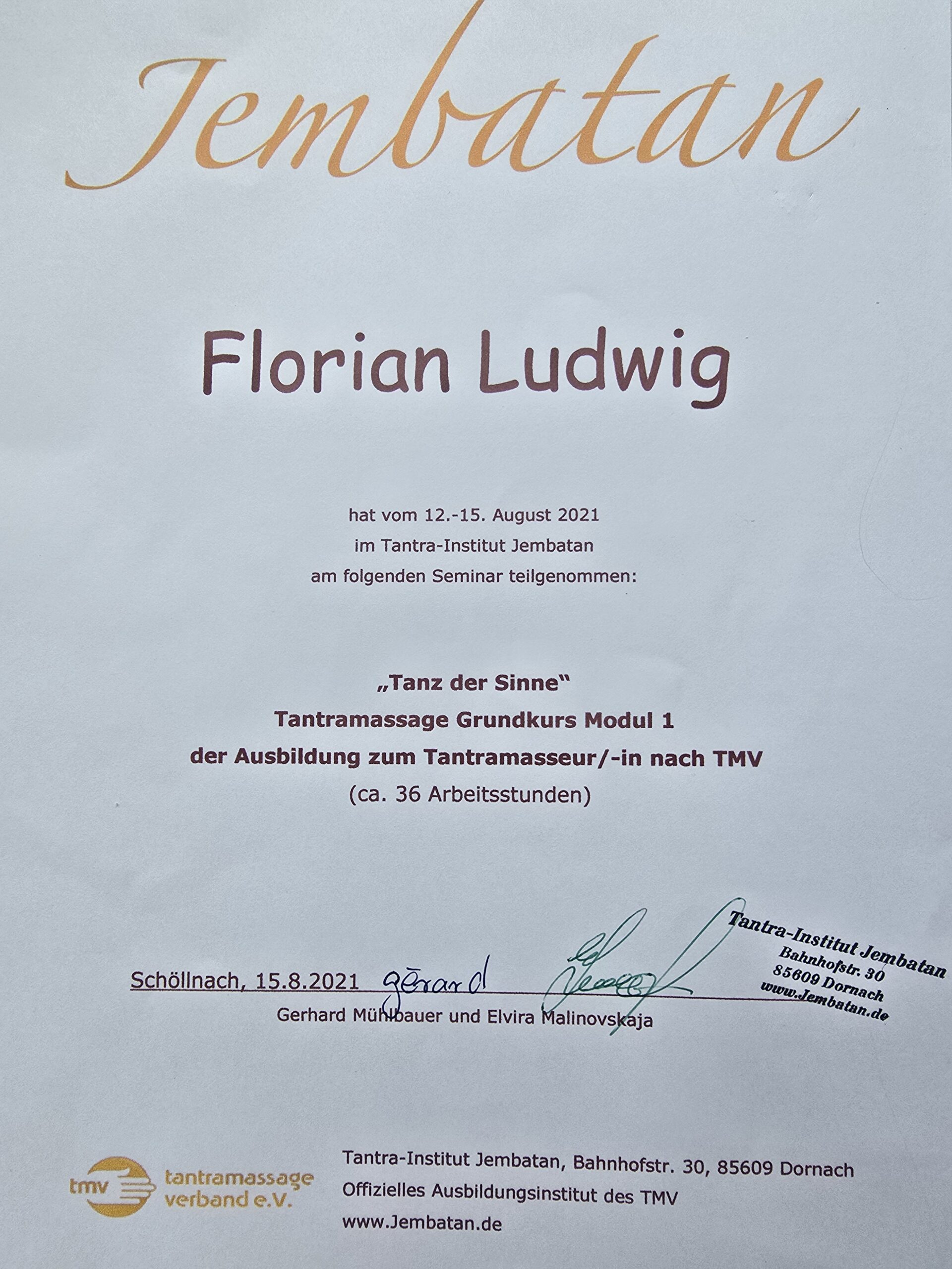 Zertifikat Tantra-Institut Jembatan für Florian Ludwig
